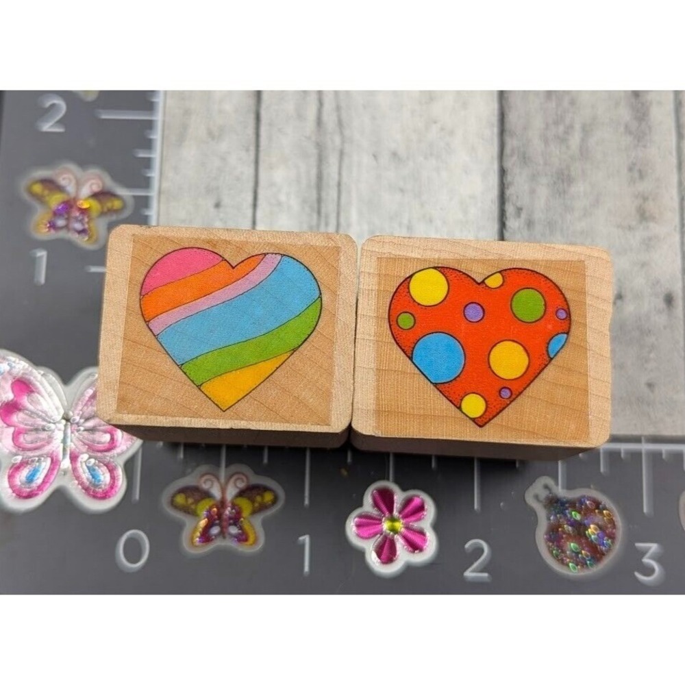 Hearts Spotted Stripes Lot of 2 Rubber Stamp Wood #F83